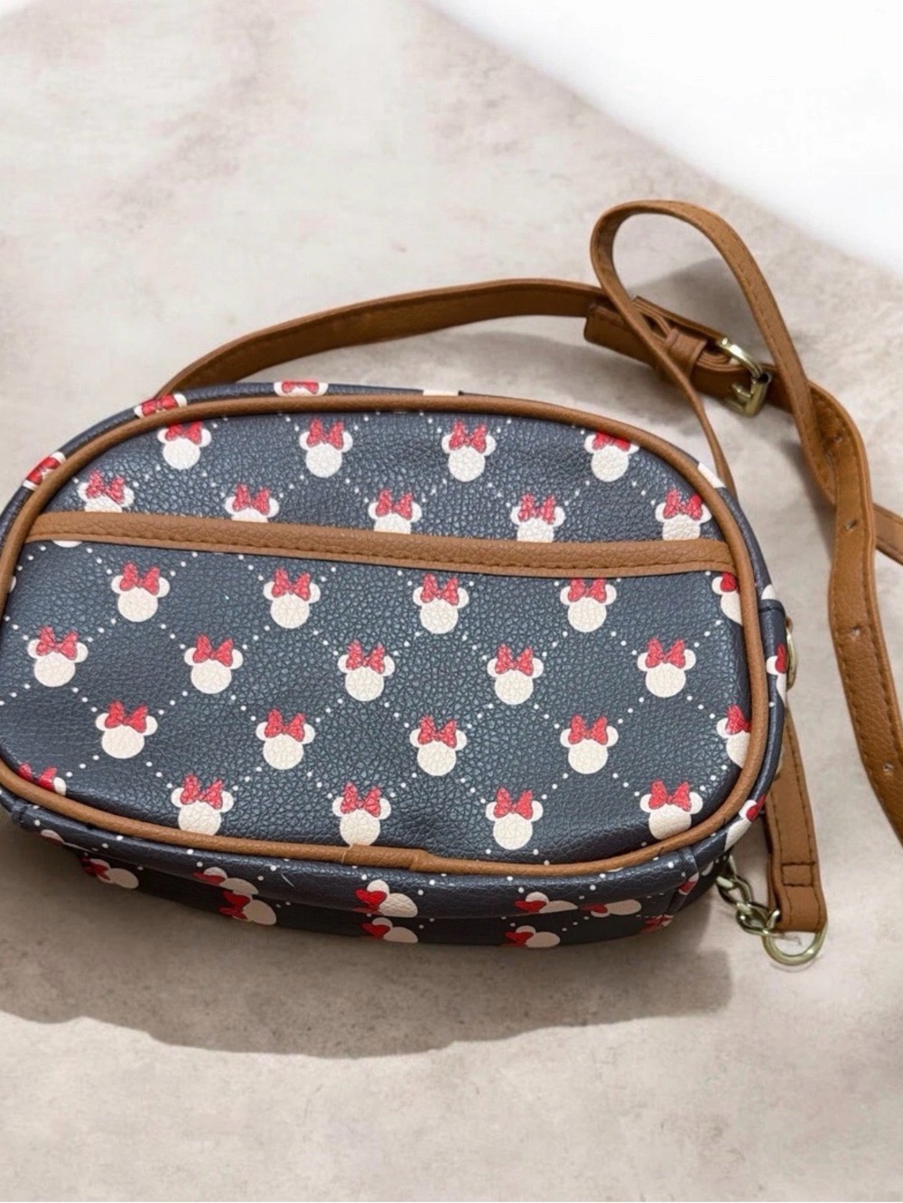 Disney Navy Crossbody Bag with Red and Cream Minnie Pattern and Tan Trim